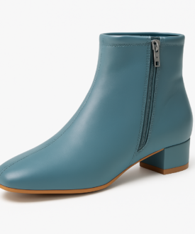 Ladies Blue Block Heel Ankle Boots with Side Zip, Square Toe