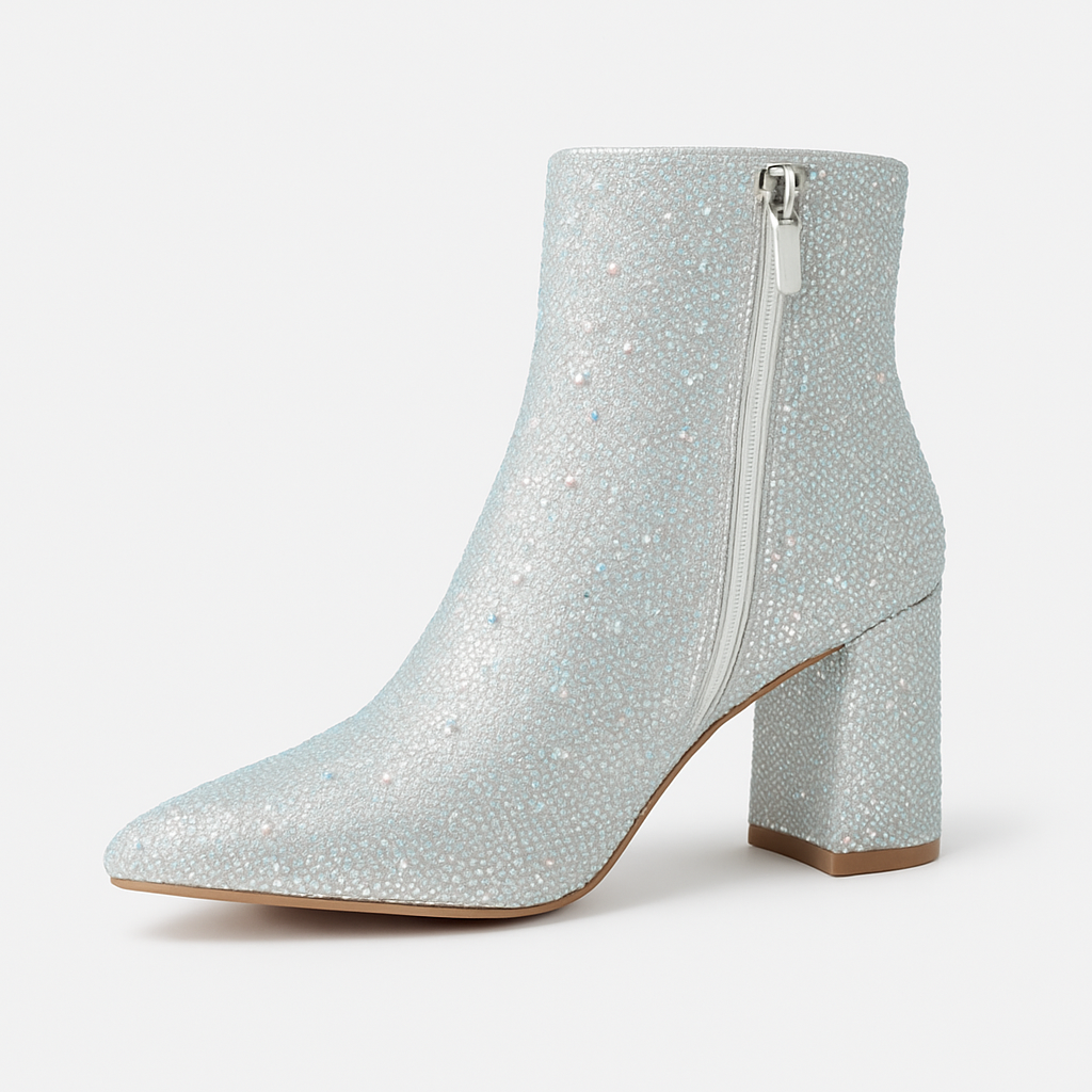 Ladies Rhinestone Ankle Boots with Block Heels ? Silver
