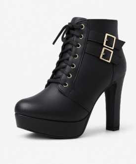 Ladies Black Platform Lace-Up Ankle Boots with High Block Heel