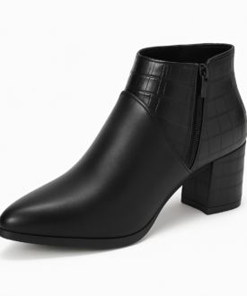 Allegra K Ladies Black Pointed Toe Block Heel Ankle Boots