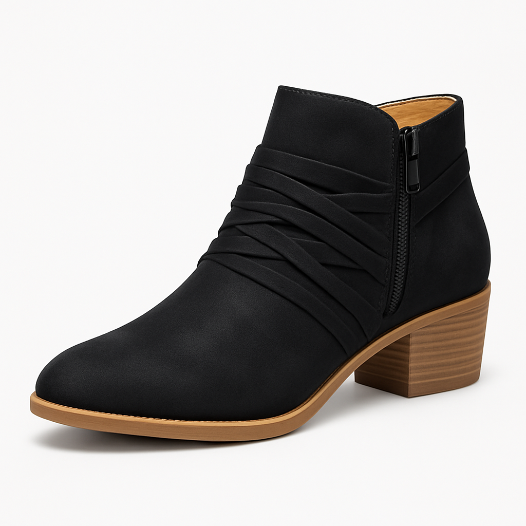 LifeStride Black Ruched Ankle Boots for Women, Block Heel