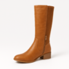 Ladies Tan Knee-High Boots with Low Block Heel & Side Zip