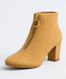 Tan Suede Block Heel Ankle Boots for Women with Front Zipper