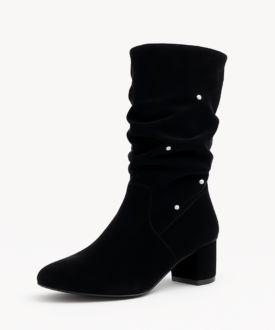 Black Velvet Slouch Knee-High Boots with Pearl Studs for Women