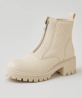 Ladies chunky front-zip ankle boots in cream lug sole