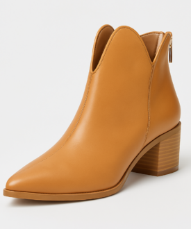 Ladies tan pointed-toe block heel ankle boots with zip