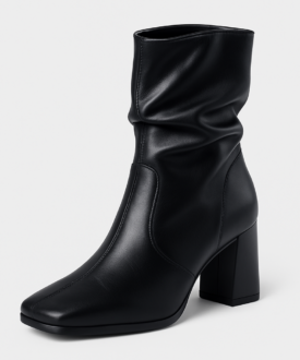 Ladies Black Square-Toe Slouch Ankle Boots with Block Heel