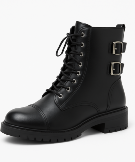 Black Combat Boots with Buckles & Side Zip