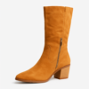 Tan faux-suede slouch boots for women with block heel & zipper