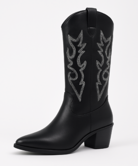 Black Leather Western Embroidered Cowboy Boots for Women