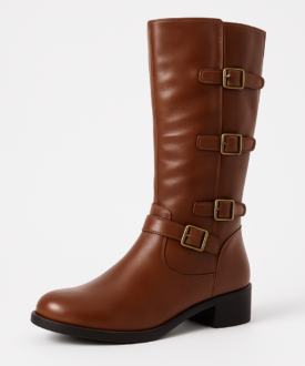 Brown Mid-Calf Buckle Leather Boots for Women