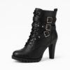 Ladies Black Heeled Combat Ankle Boots with Buckle Straps