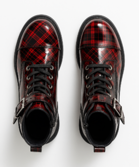 Alternative view of Ladies Tartan Combat Boots ? Red/Black Patent, Zip + Buckle, Lug Sole
