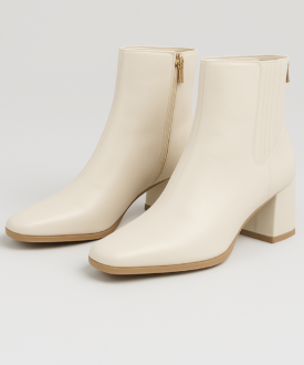 Alternative view of Ivory block-heel ankle boots for women with elastic panel & zip