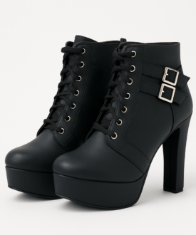 Alternative view of Ladies Black Platform Lace-Up Ankle Boots with High Block Heel