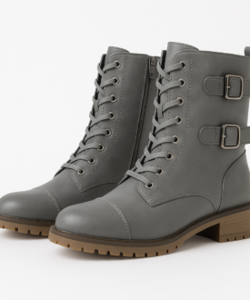 Alternative view of Ladies Grey Combat Boots with Side Zipper, Buckles & Lug Sole