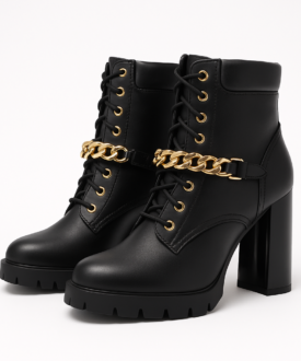 Alternative view of Ladies black chain-detail block heel lace-up ankle boots