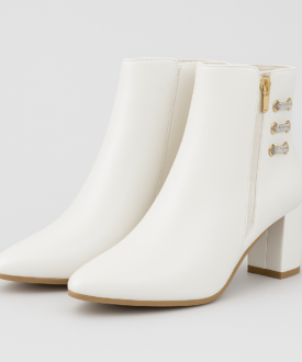 Alternative view of Ladies White Block Heel Ankle Boots with Zip & Gold Accents