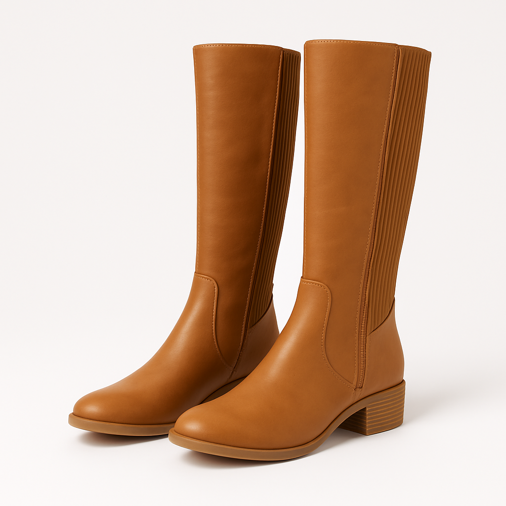 Ladies Tan Knee-High Boots with Low Block Heel & Side Zip - Image 2