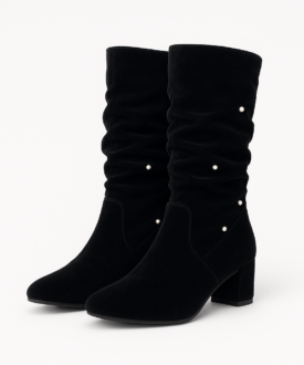 Alternative view of Black Velvet Slouch Knee-High Boots with Pearl Studs for Women
