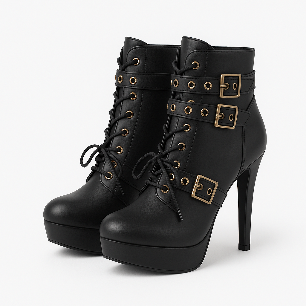 Ladies Black Platform Stiletto Ankle Boots with Buckle Straps - Image 2