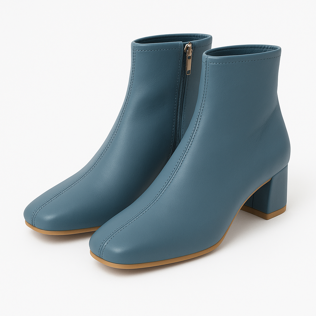 Ladies Blue Block Heel Ankle Boots with Side Zip, Square Toe - Image 2