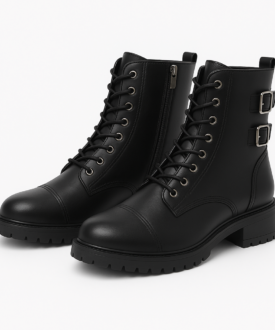 Alternative view of Black Combat Boots with Buckles & Side Zip