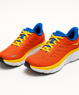 Alternative view of HOKA ladies road-running shoes – vibrant orange/yellow with cushioned midsole