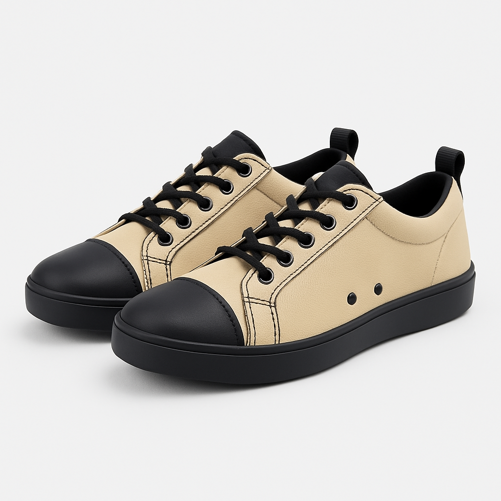 Ladies Canvas Lace-Up Sneakers with Rubber Toe Cap – Beige/Black - Image 2