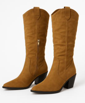 Alternative view of Ladies tan faux-suede knee-high western boots with block heel