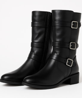 Alternative view of Ladies Black Knee-High Buckle Boots with Low Block Heel