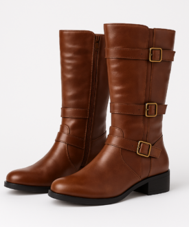 Alternative view of Brown Mid-Calf Buckle Leather Boots for Women