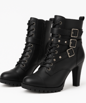 Alternative view of Ladies Black Heeled Combat Ankle Boots with Buckle Straps