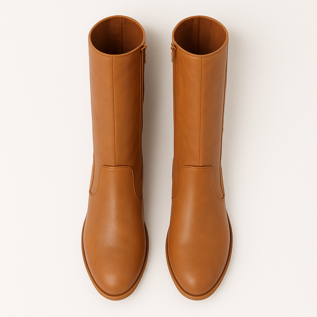 Ladies Tan Knee-High Boots with Low Block Heel & Side Zip - Image 3