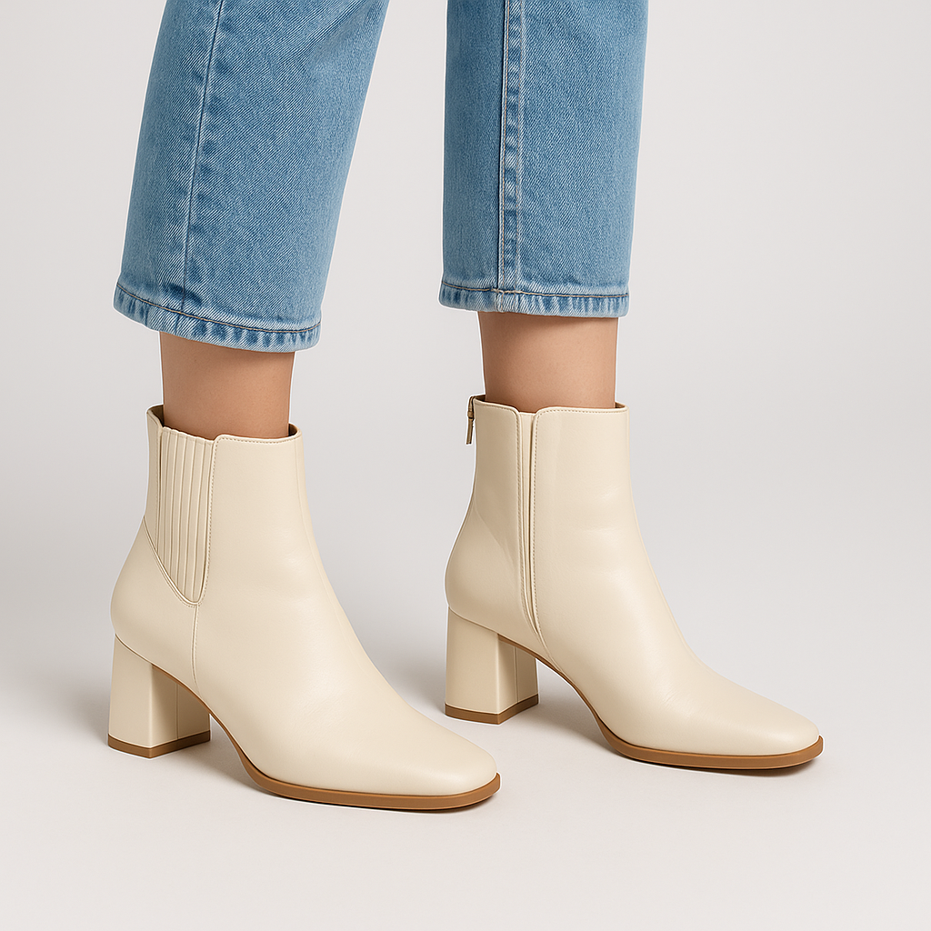 Ivory block-heel ankle boots for women with elastic panel & zip - Image 4