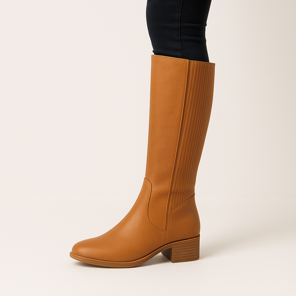 Ladies Tan Knee-High Boots with Low Block Heel & Side Zip - Image 4