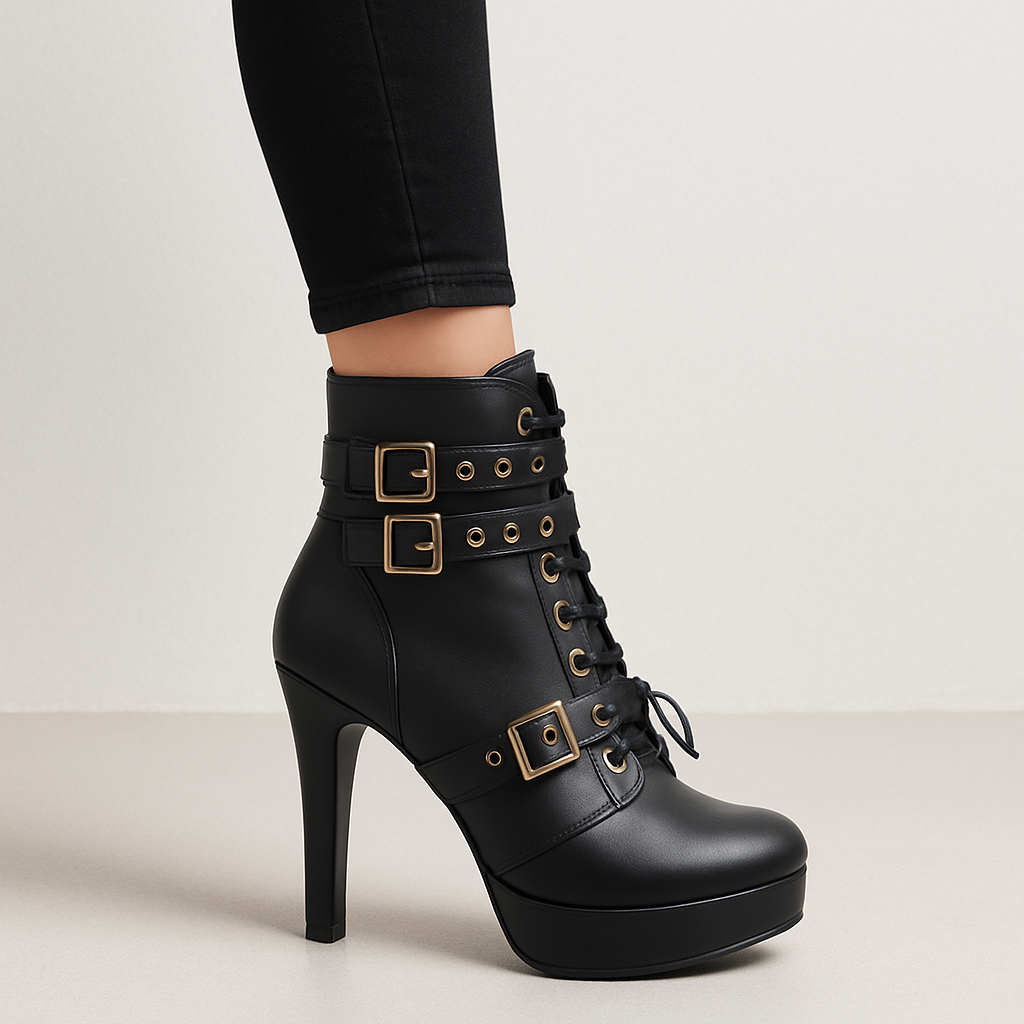 Ladies Black Platform Stiletto Ankle Boots with Buckle Straps - Image 4
