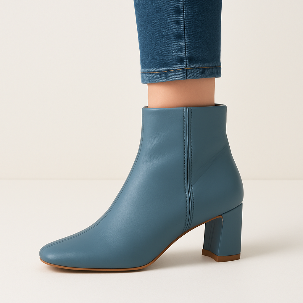 Ladies Blue Block Heel Ankle Boots with Side Zip, Square Toe - Image 4