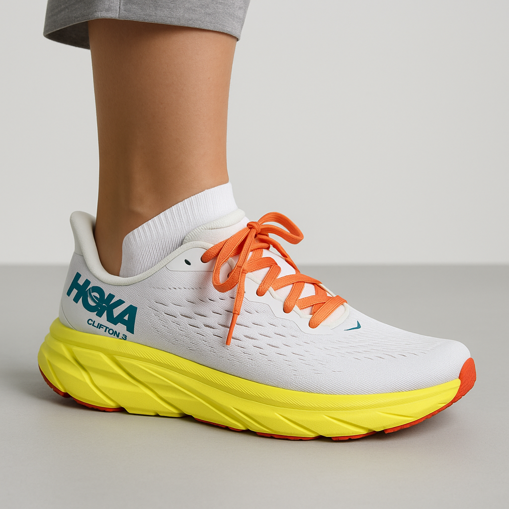 HOKA Clifton Women’s Road-Running Shoes – White/Yellow/Teal - Image 4