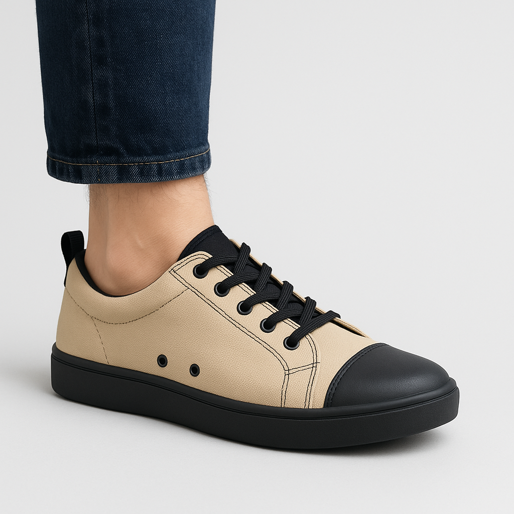 Ladies Canvas Lace-Up Sneakers with Rubber Toe Cap – Beige/Black - Image 5